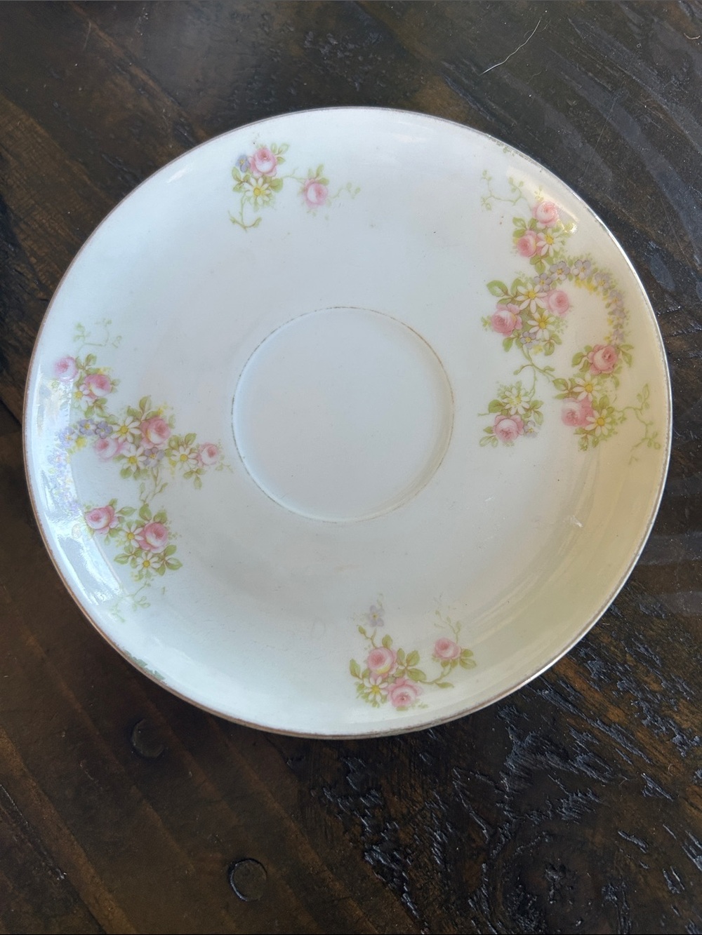 Limoges White Saucer with Pink Rose Spray and Green Leaves